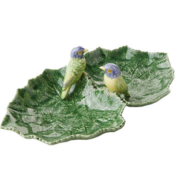 Bordallo Pinheiro serveerschaal blad met vogels blauw 34 cm