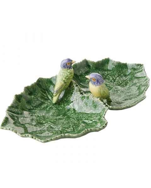 Bordallo Pinheiro serveerschaal blad met vogels blauw 34 cm